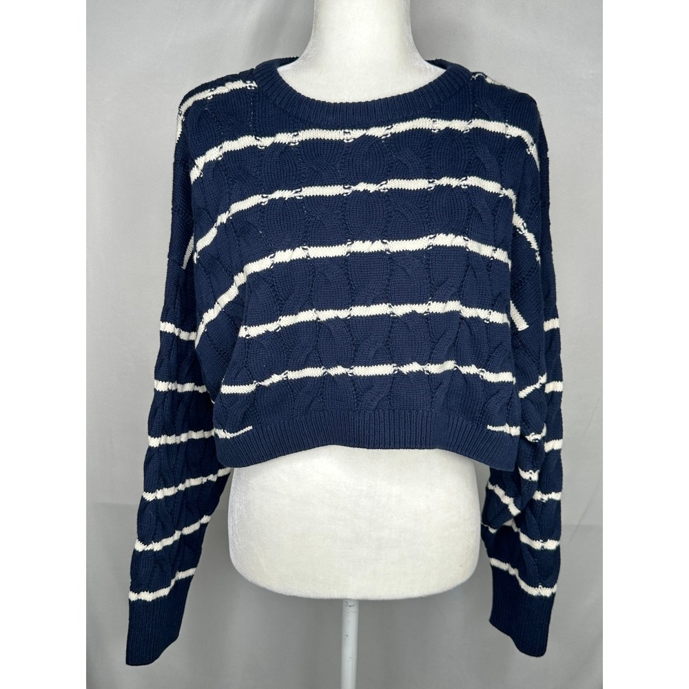 Sage + Stone Womens Navy Blue White Striped Cropped Cable Knit Sweater Y2K Sz M